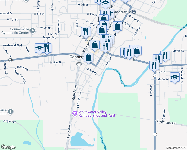 map of restaurants, bars, coffee shops, grocery stores, and more near 112 North Eastern Avenue in Connersville