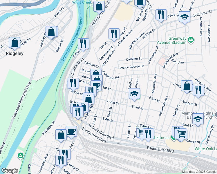 map of restaurants, bars, coffee shops, grocery stores, and more near 25 Grand Avenue in Cumberland