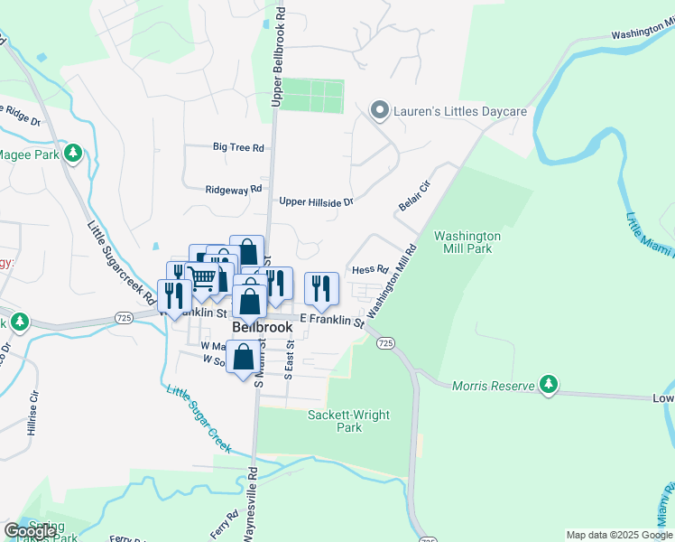 map of restaurants, bars, coffee shops, grocery stores, and more near 66 Lower Hillside Drive in Bellbrook