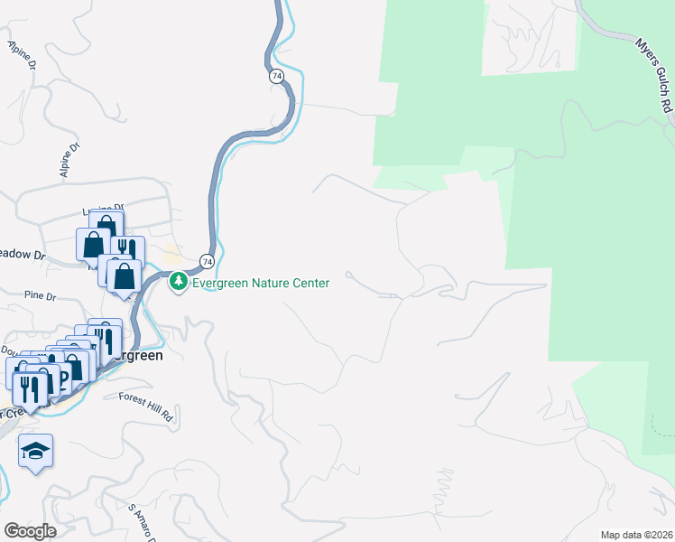 map of restaurants, bars, coffee shops, grocery stores, and more near 4331 Hilltop Road in Evergreen