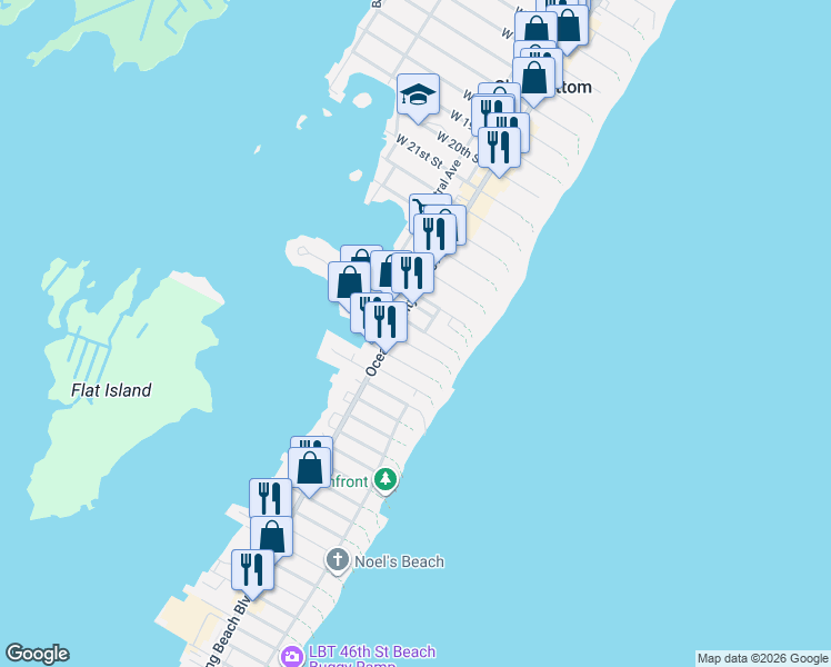map of restaurants, bars, coffee shops, grocery stores, and more near 118 East 27th Street in Ship Bottom