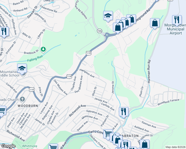 map of restaurants, bars, coffee shops, grocery stores, and more near 1165 Hampton Avenue in Morgantown