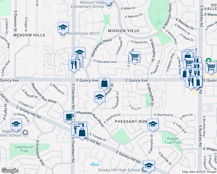map of restaurants, bars, coffee shops, grocery stores, and more near 15688 East Quincy Lane in Aurora