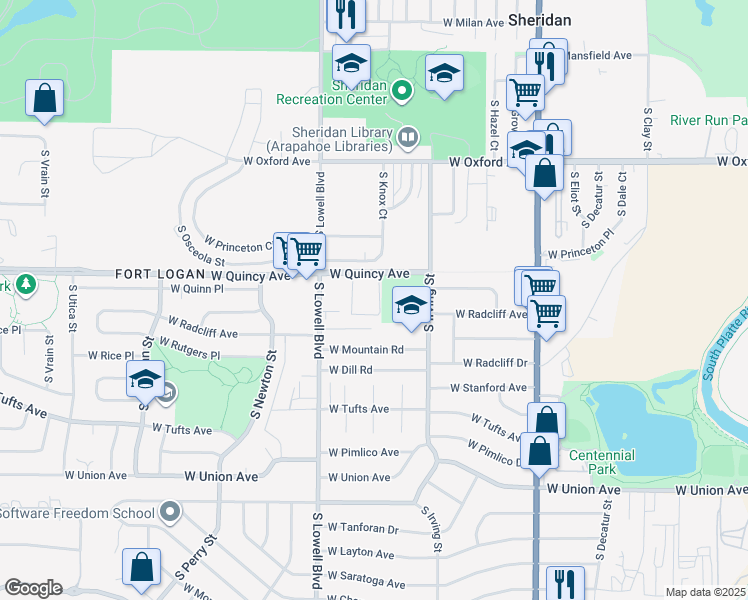 map of restaurants, bars, coffee shops, grocery stores, and more near 3488 West Quincy Avenue in Englewood
