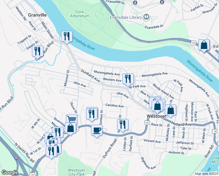 map of restaurants, bars, coffee shops, grocery stores, and more near 152 Ohio Avenue in Westover