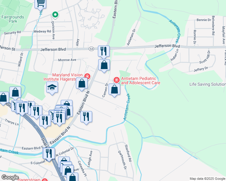 map of restaurants, bars, coffee shops, grocery stores, and more near 310 Cameo Drive in Hagerstown