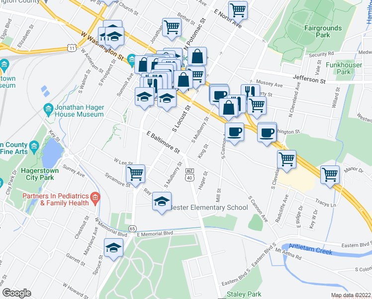 map of restaurants, bars, coffee shops, grocery stores, and more near 147 South Mulberry Street in Hagerstown