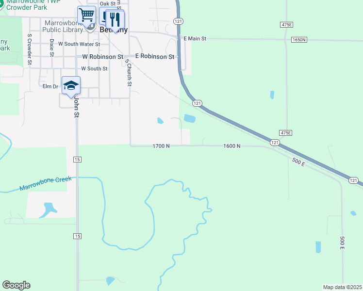 map of restaurants, bars, coffee shops, grocery stores, and more near 1700 North in Bethany