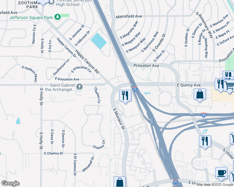 map of restaurants, bars, coffee shops, grocery stores, and more near 4301 South Monaco Street in Denver