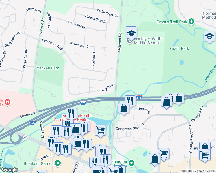 map of restaurants, bars, coffee shops, grocery stores, and more near 1029 Beryl Trail in Montgomery County