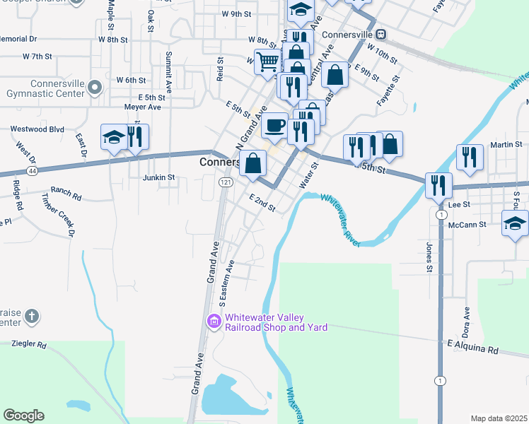 map of restaurants, bars, coffee shops, grocery stores, and more near 112 North Eastern Avenue in Connersville