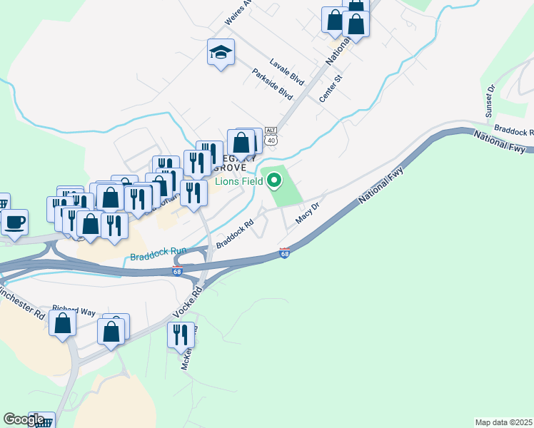 map of restaurants, bars, coffee shops, grocery stores, and more near 1124 Braddock Road in La Vale