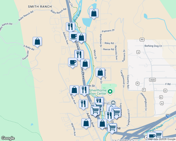 map of restaurants, bars, coffee shops, grocery stores, and more near 740 Blue River Parkway in Silverthorne