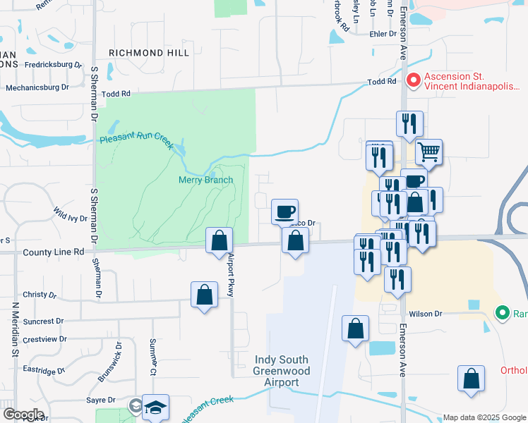 map of restaurants, bars, coffee shops, grocery stores, and more near 8841 Buckeye Drive in Indianapolis