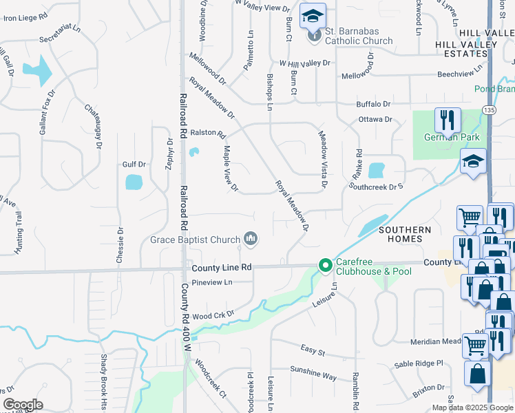 map of restaurants, bars, coffee shops, grocery stores, and more near 8809 Country Lane Court in Indianapolis