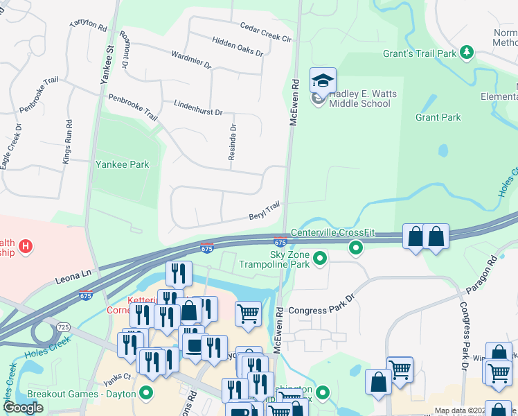 map of restaurants, bars, coffee shops, grocery stores, and more near 1027 Beryl Trail in Montgomery County