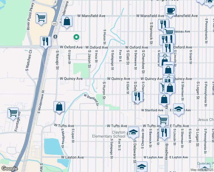 map of restaurants, bars, coffee shops, grocery stores, and more near 4350 South Huron Street in Englewood