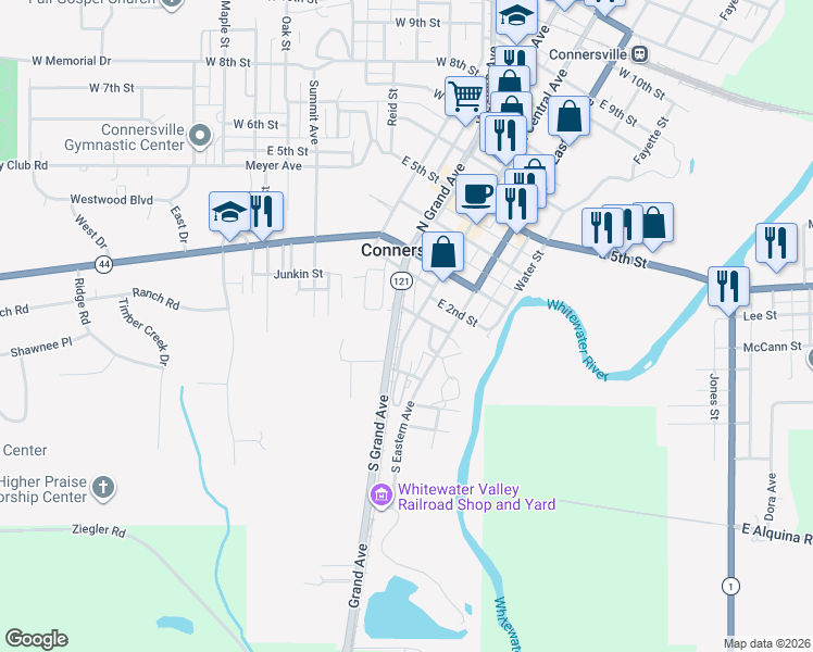 map of restaurants, bars, coffee shops, grocery stores, and more near 123 South Grand Avenue in Connersville