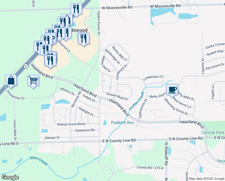 map of restaurants, bars, coffee shops, grocery stores, and more near 9222 Stones Bluff Place in Indianapolis