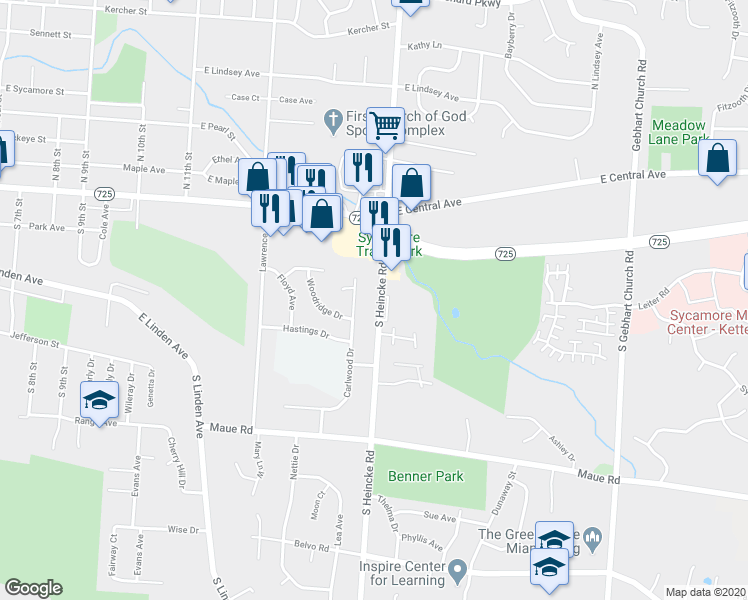 map of restaurants, bars, coffee shops, grocery stores, and more near 201 South Heincke Road in Miamisburg