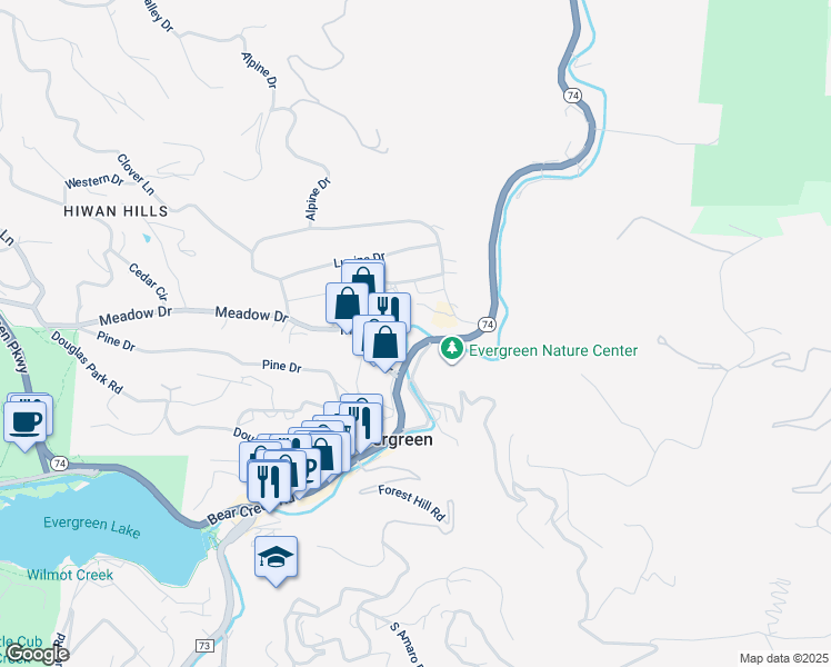 map of restaurants, bars, coffee shops, grocery stores, and more near 27659 Colorado 74 in Evergreen