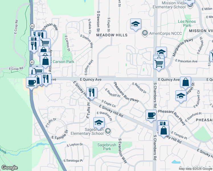 map of restaurants, bars, coffee shops, grocery stores, and more near 4324 South Eagle Circle in Aurora