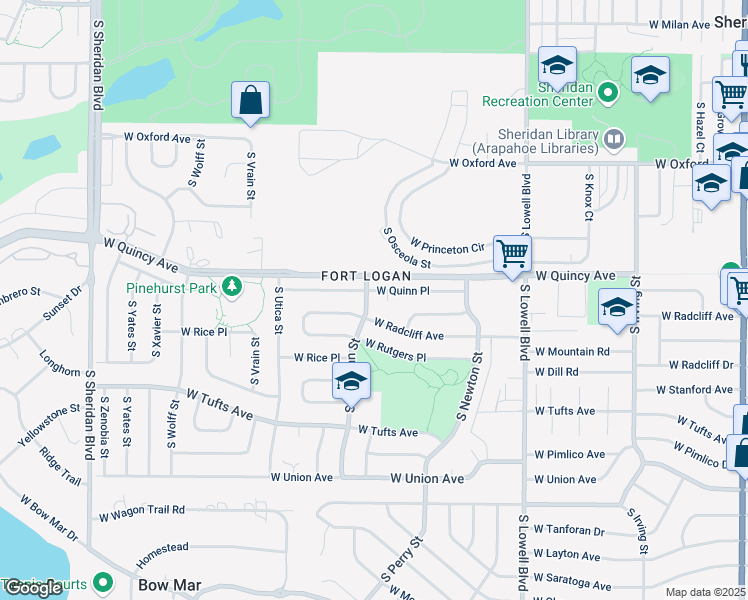 map of restaurants, bars, coffee shops, grocery stores, and more near 4022 West Quinn Place in Denver