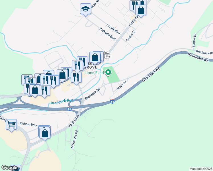 map of restaurants, bars, coffee shops, grocery stores, and more near 1124 Braddock Road in La Vale