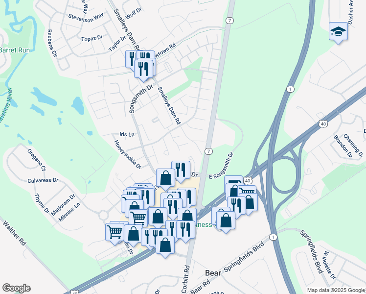 map of restaurants, bars, coffee shops, grocery stores, and more near 2114 Pasternak Place in Newark