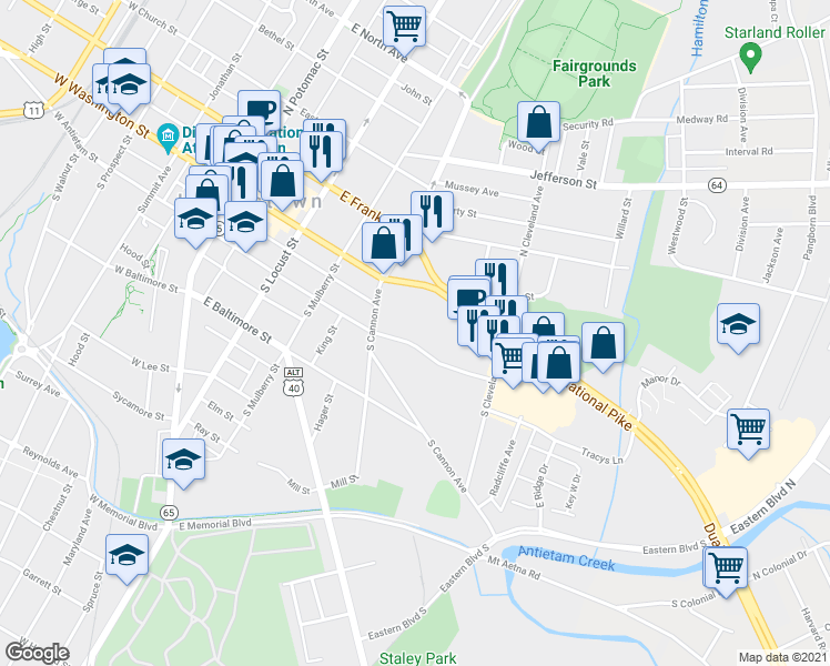 map of restaurants, bars, coffee shops, grocery stores, and more near 324 East Antietam Street in Hagerstown