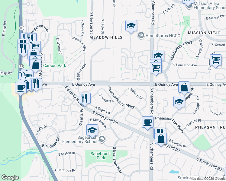 map of restaurants, bars, coffee shops, grocery stores, and more near 4341 South Evanston Court in Aurora