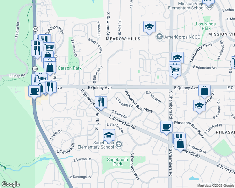 map of restaurants, bars, coffee shops, grocery stores, and more near 4324 South Eagle Circle in Aurora
