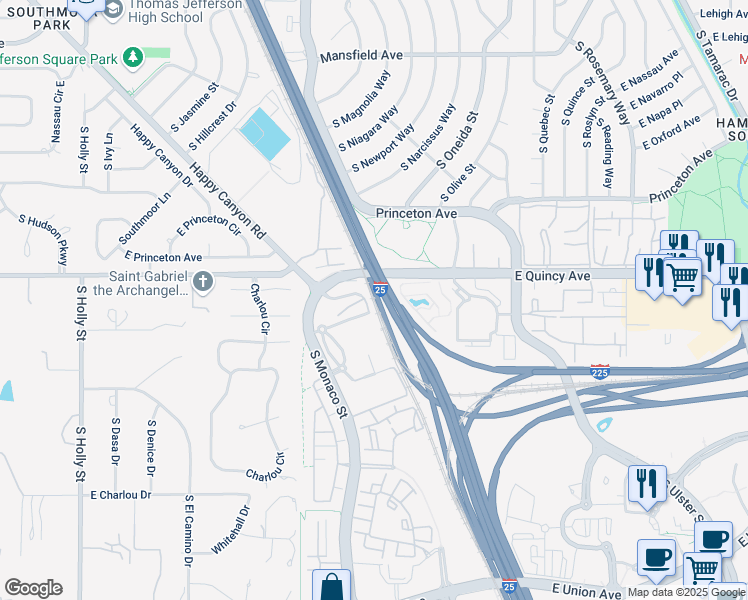 map of restaurants, bars, coffee shops, grocery stores, and more near South Valley Highway in Denver