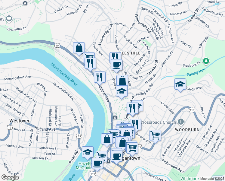 map of restaurants, bars, coffee shops, grocery stores, and more near 203 Grant Avenue in Morgantown