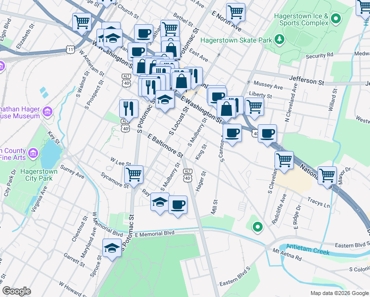 map of restaurants, bars, coffee shops, grocery stores, and more near 141 South Mulberry Street in Hagerstown