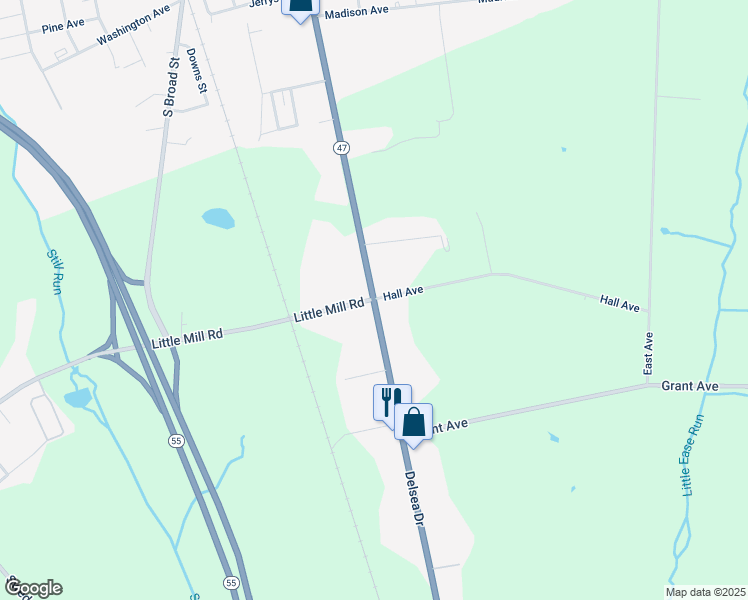 map of restaurants, bars, coffee shops, grocery stores, and more near Delsea Drive & Little Mill Road in Franklin