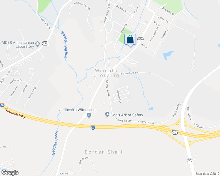 map of restaurants, bars, coffee shops, grocery stores, and more near 18637 Cherry Lane Southwest in Frostburg