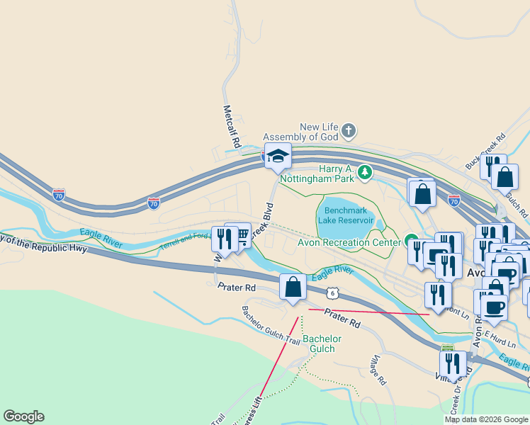 map of restaurants, bars, coffee shops, grocery stores, and more near 871 West Beaver Creek Boulevard in Avon