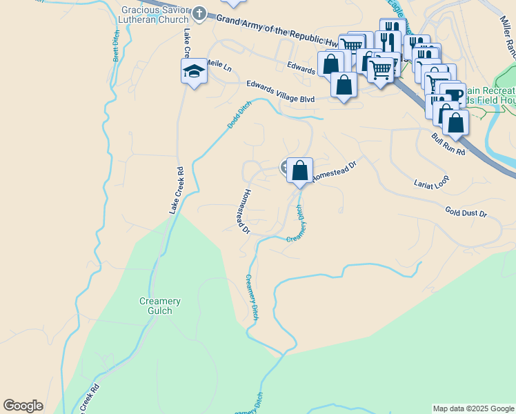 map of restaurants, bars, coffee shops, grocery stores, and more near 570 Homestead Drive in Edwards