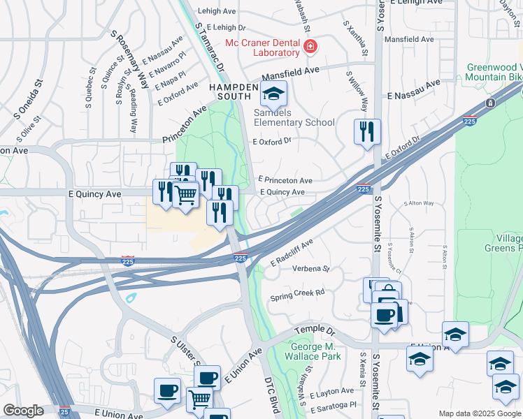 map of restaurants, bars, coffee shops, grocery stores, and more near E East Quincy Avenue in Denver