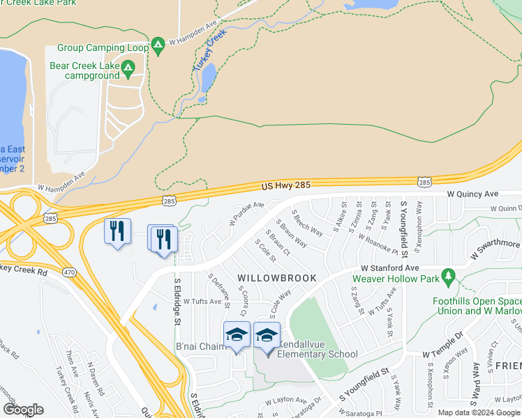 map of restaurants, bars, coffee shops, grocery stores, and more near 4274 South Braun Court in Morrison