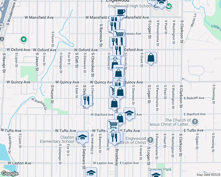 map of restaurants, bars, coffee shops, grocery stores, and more near 4381 South Acoma Street in Englewood
