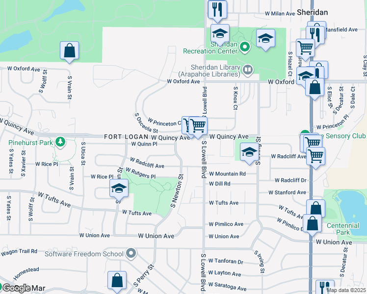 map of restaurants, bars, coffee shops, grocery stores, and more near 3790 West Quincy Avenue in Denver