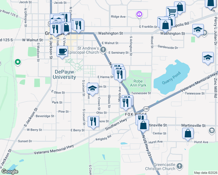 map of restaurants, bars, coffee shops, grocery stores, and more near 508 Illinois St in Greencastle