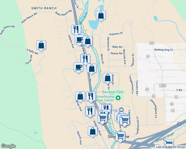 map of restaurants, bars, coffee shops, grocery stores, and more near 740 Blue River Parkway in Silverthorne