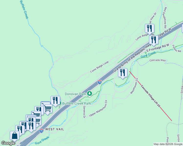 map of restaurants, bars, coffee shops, grocery stores, and more near 1404 Moraine Drive in Vail