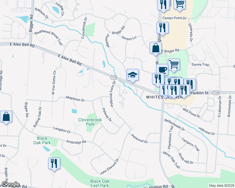 map of restaurants, bars, coffee shops, grocery stores, and more near 7513 Pelbrook Farm Drive in Dayton