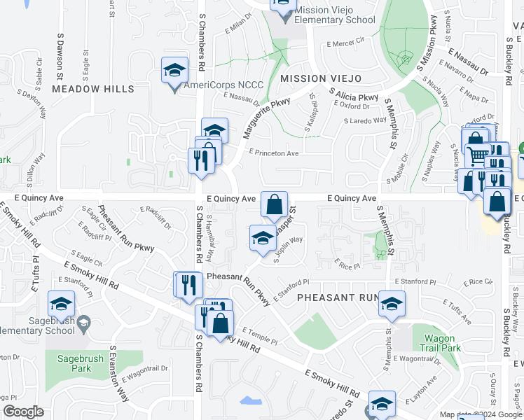 map of restaurants, bars, coffee shops, grocery stores, and more near 16910 East Quincy Place in Aurora