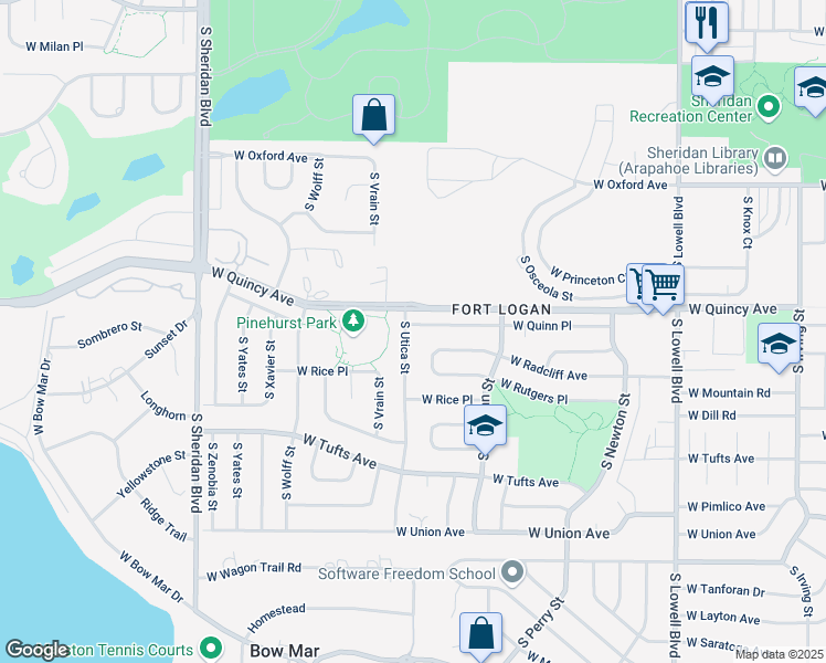 map of restaurants, bars, coffee shops, grocery stores, and more near 4360 South Utica Street in Denver