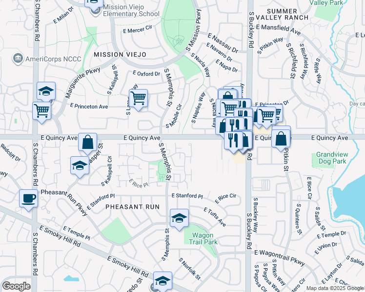 map of restaurants, bars, coffee shops, grocery stores, and more near 16369 East Radcliff Place in Aurora